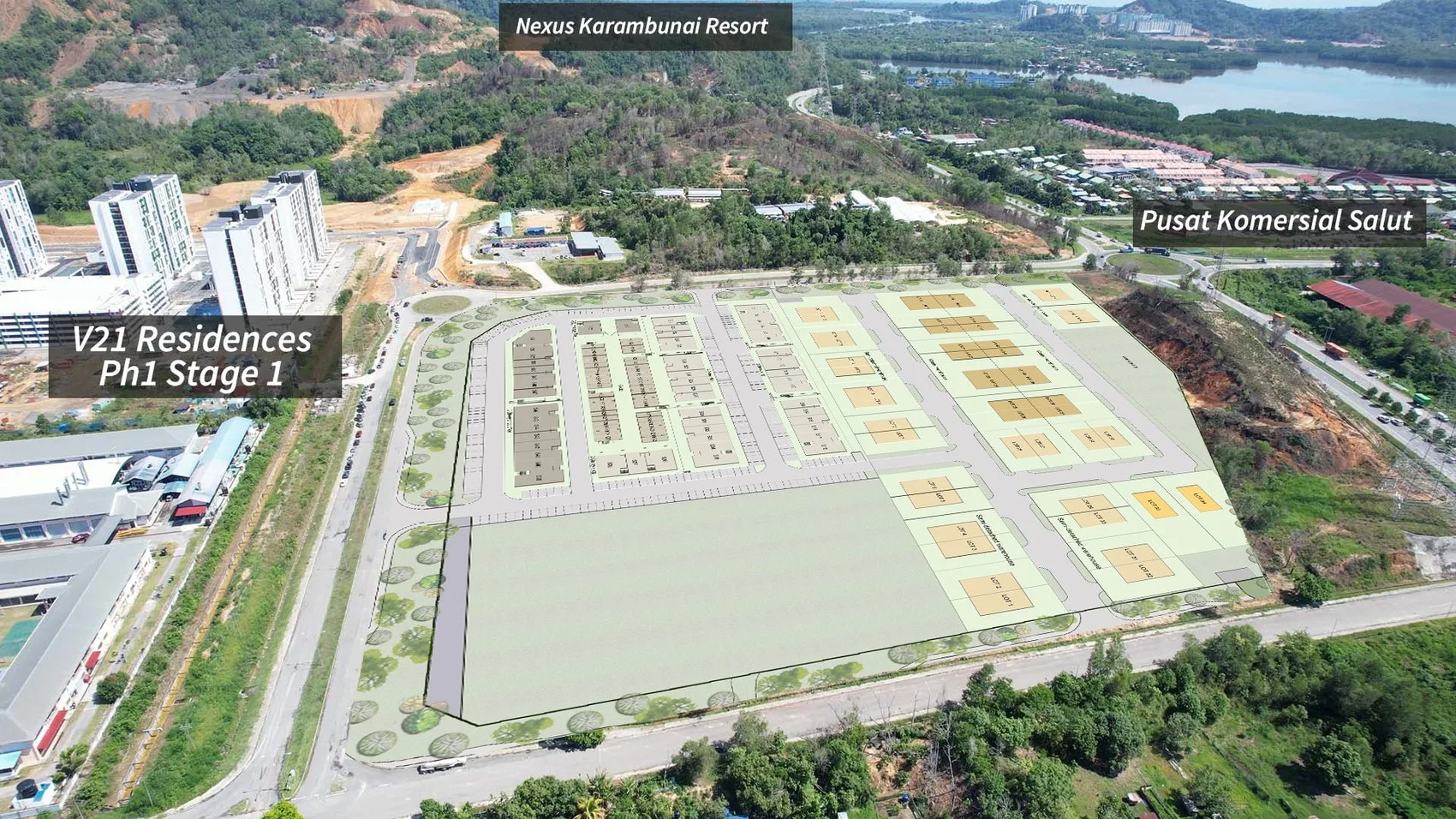 Aerial photo looking towards Nexus Karambunai, with V21 Residences and Pusat Komersial Salut on either side, from the developer’s brochure at The North @ KKIP, Sepanggar, Kota Kinabalu, Sabah