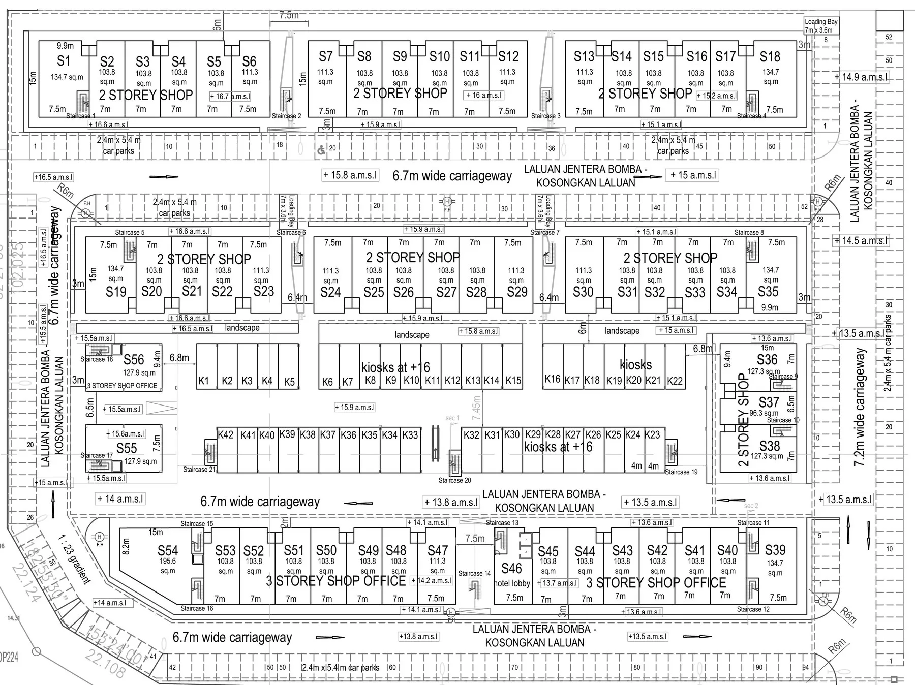 Development plan of the shop and kiosk precinct with the floor area and frontage of each shop, from the developer’s plan at The North @ KKIP, Sepanggar, Kota Kinabalu, Sabah