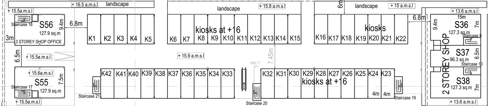 Development-plan detail of the kiosk court between the shop rows at The North @ KKIP, Sepanggar, Kota Kinabalu, Sabah