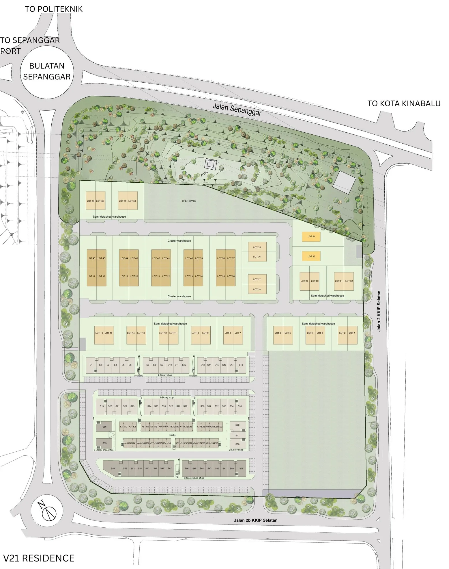 Master plan: warehouse Lots 1–50, shops S1–S56, the kiosk court and the future-development plot, from the developer’s brochure at The North @ KKIP, Sepanggar, Kota Kinabalu, Sabah