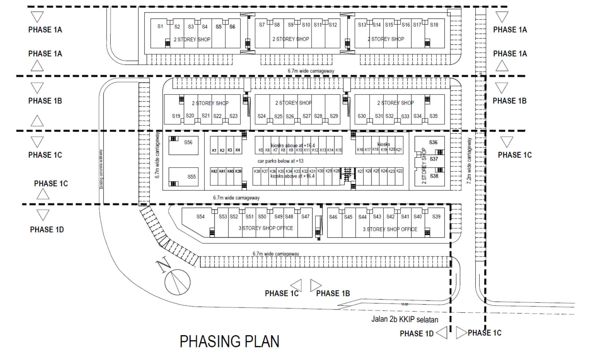 Phase 1 phasing plan: Phases 1A, 1B, 1C and 1D of the shop and kiosk precinct, from the developer’s brochure at The North @ KKIP, Sepanggar, Kota Kinabalu, Sabah
