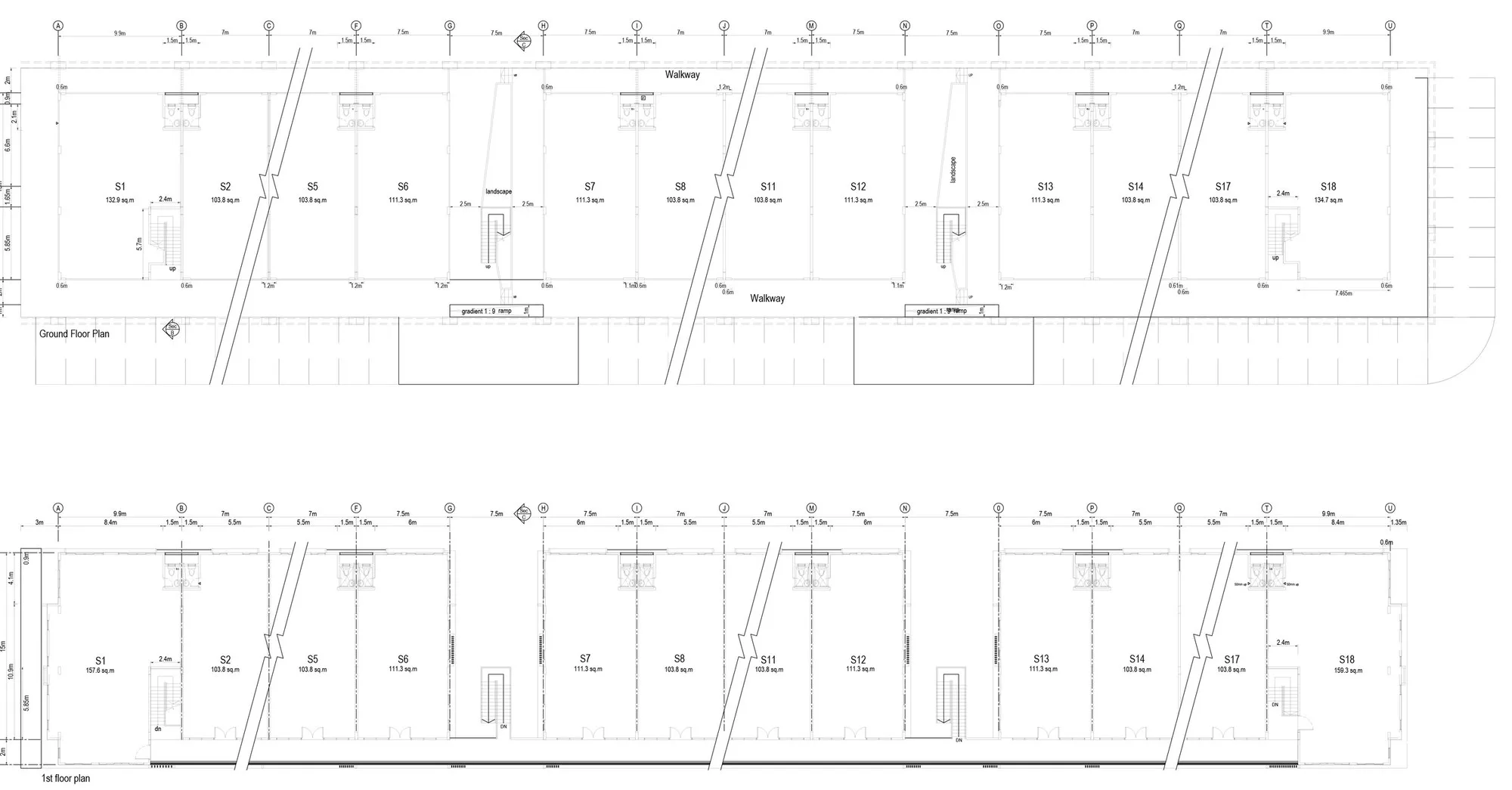 Phase 1A building layout: ground and first floor plan of shops S1 to S18 at The North @ KKIP, Sepanggar, Kota Kinabalu, Sabah