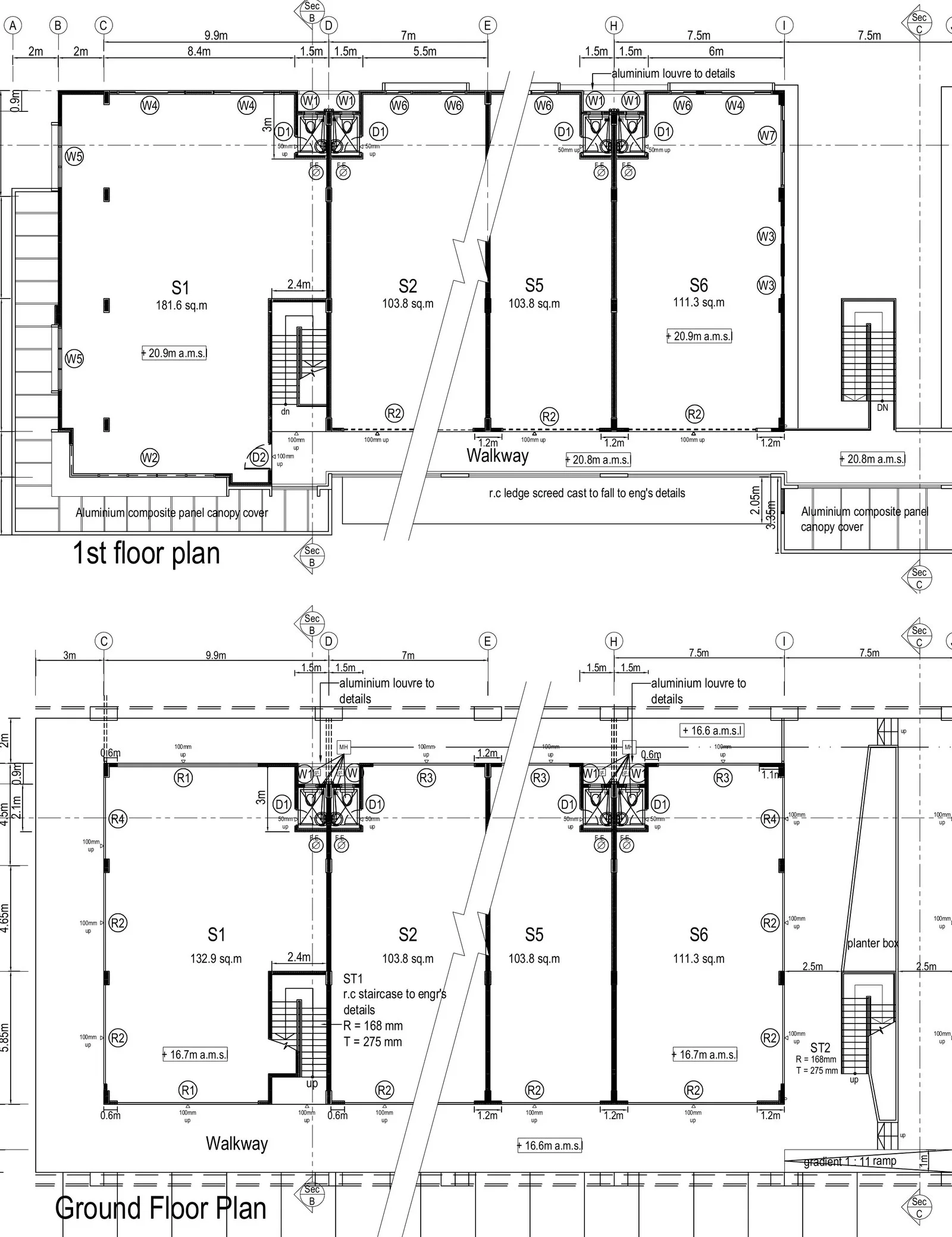 Dimensioned ground and first floor plan of shops S1 to S6, with end-corner shop S1 at The North @ KKIP, Sepanggar, Kota Kinabalu, Sabah