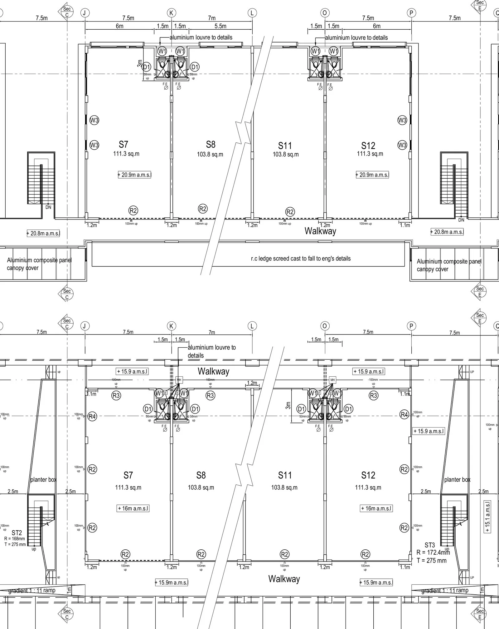 Dimensioned ground and first floor plan of shops S7 to S12 at The North @ KKIP, Sepanggar, Kota Kinabalu, Sabah