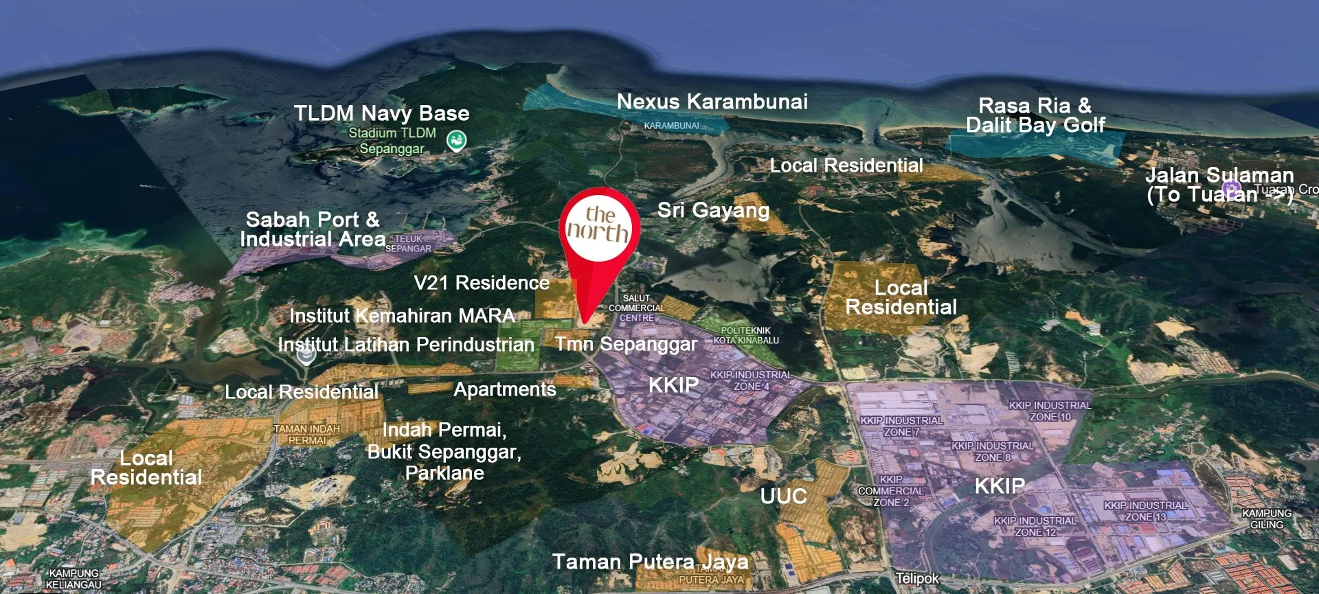 The developer’s surrounding-amenities map: Sabah Port, the KKIP industrial zones, V21 Residence, Politeknik KK and Nexus Karambunai at The North @ KKIP, Sepanggar, Kota Kinabalu, Sabah