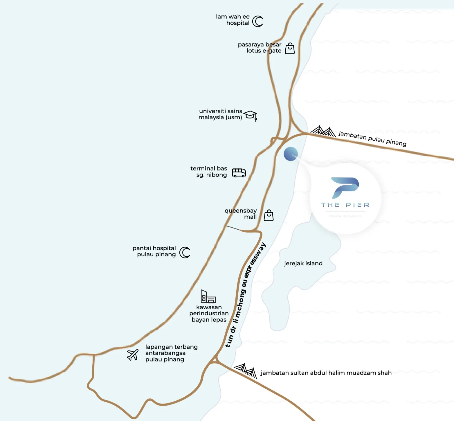 The Pier location map showing the Tun Dr Lim Chong Eu Expressway, both Penang bridges, Queensbay Mall and Penang International Airport, Bayan Lepas, Penang