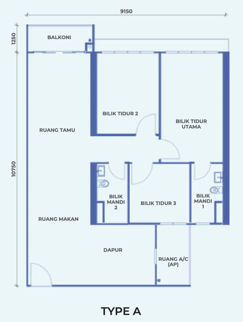 The Pier Type A floor plan, 94 sq m with three bedrooms and two bathrooms, Penang World City, Bayan Lepas, Penang