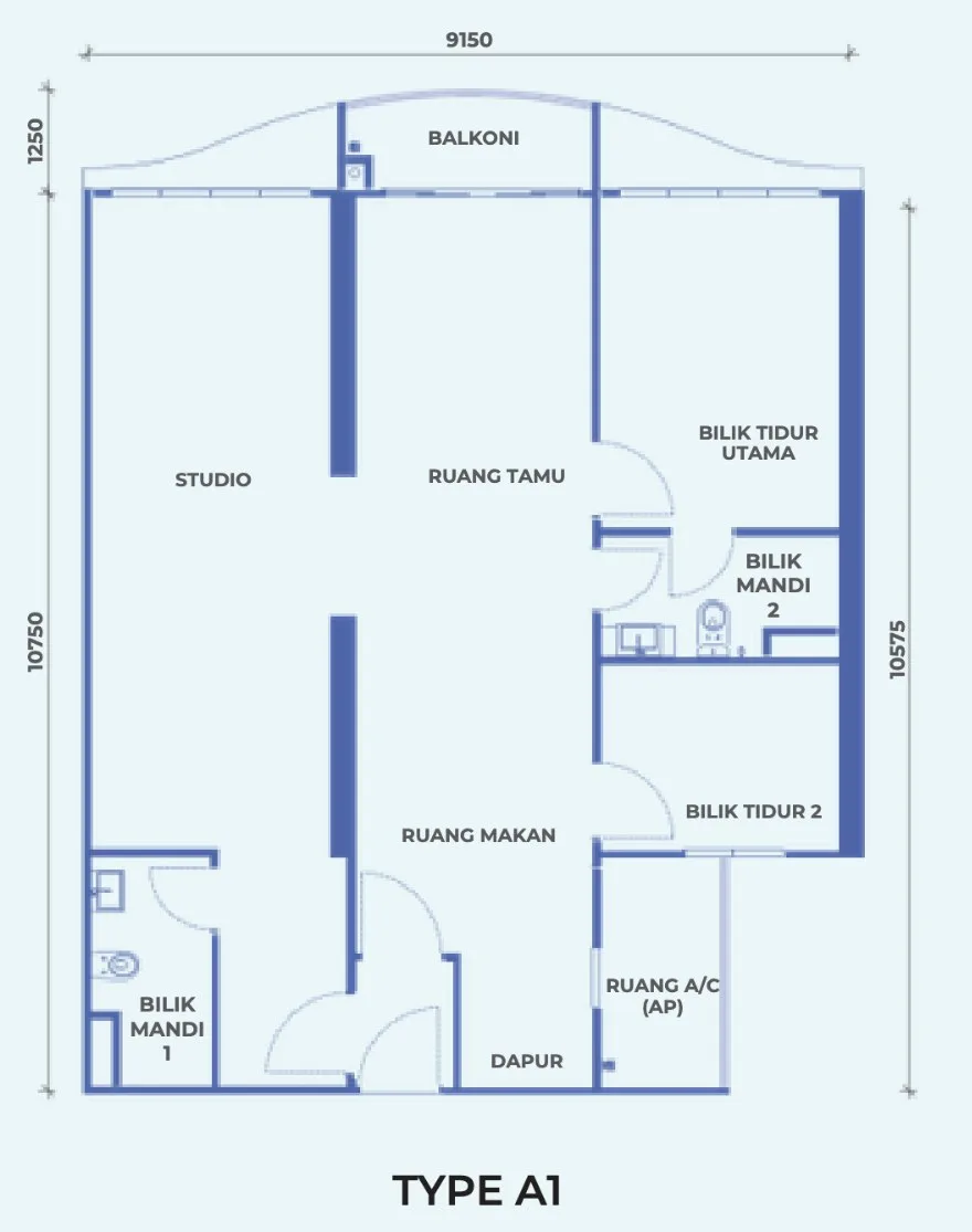 The Pier Type A1 dual-key floor plan, 93 sq m with a studio, two bedrooms and two bathrooms, Penang World City, Bayan Lepas, Penang