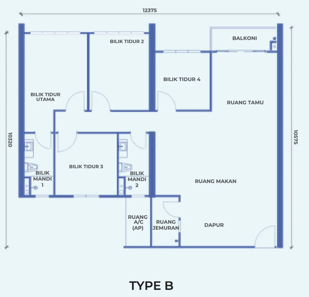 The Pier Type B floor plan, 111 sq m with four bedrooms and two bathrooms, Penang World City, Bayan Lepas, Penang