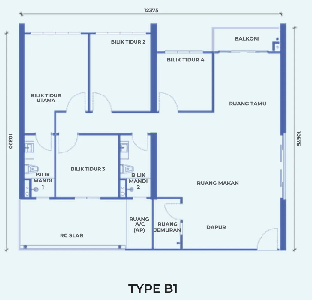 The Pier Type B1 floor plan, 111 sq m with four bedrooms and two bathrooms, Penang World City, Bayan Lepas, Penang