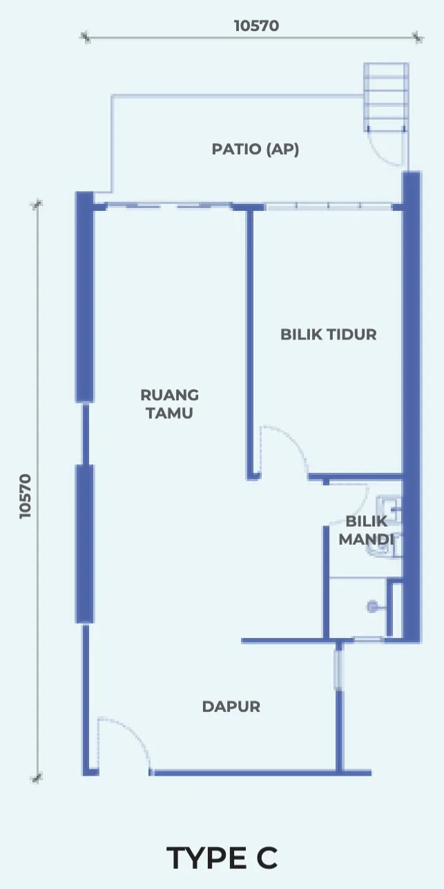 The Pier Type C floor plan, 61 sq m with one bedroom, one bathroom and a patio, Penang World City, Bayan Lepas, Penang