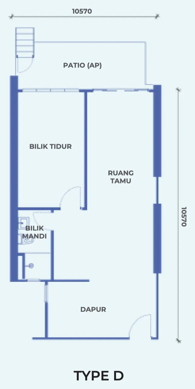 The Pier Type D floor plan, 61 sq m with one bedroom, one bathroom and a patio, Penang World City, Bayan Lepas, Penang