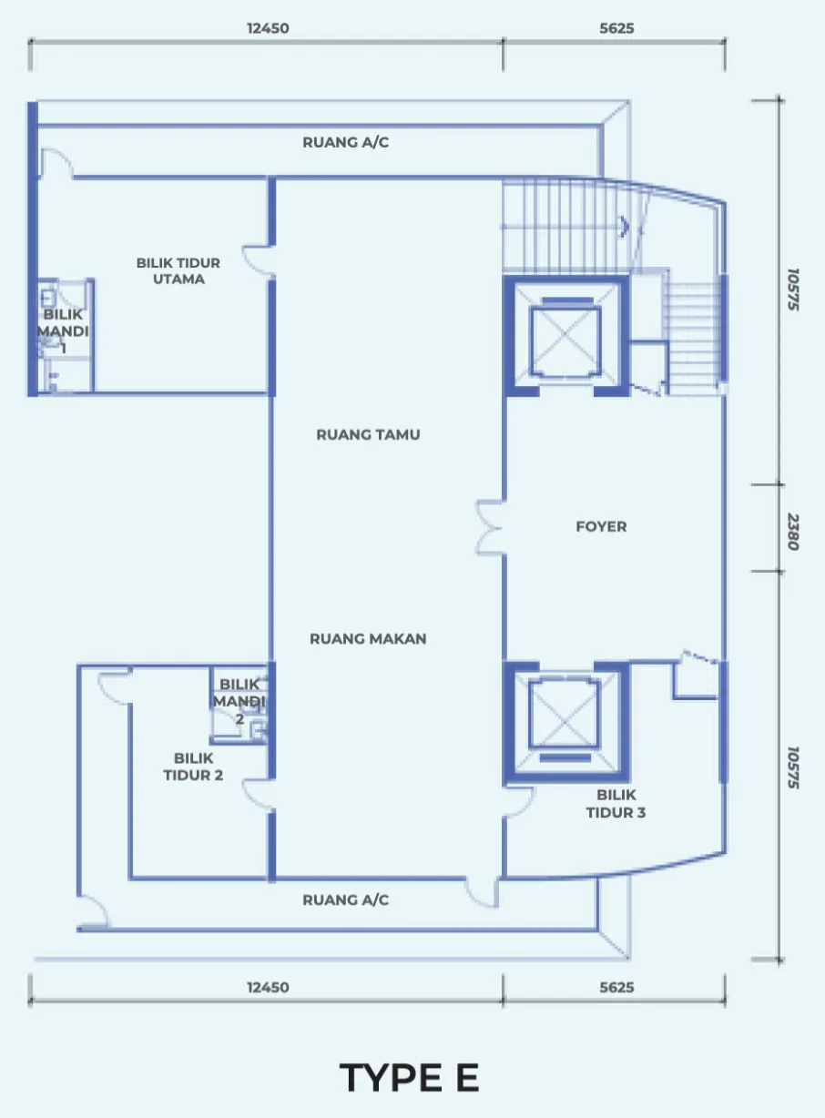 The Pier Type E floor plan, 264 sq m penthouse with three bedrooms and two bathrooms, Penang World City, Bayan Lepas, Penang