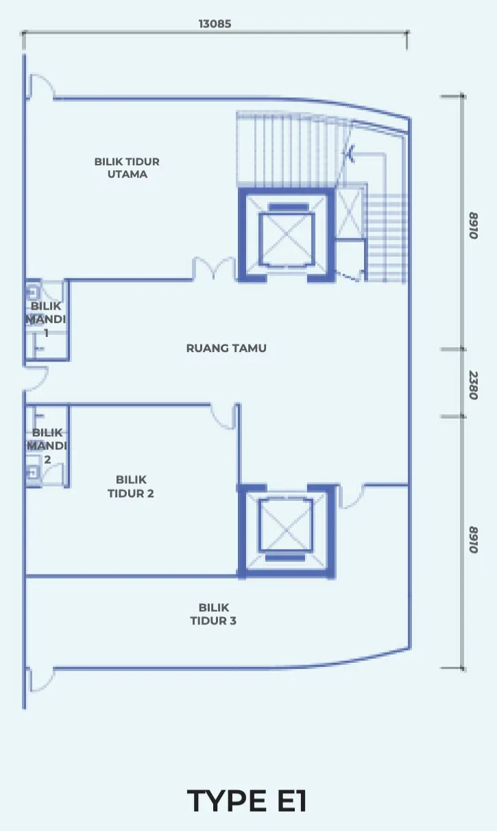 The Pier Type E1 floor plan, 244 sq m penthouse with three bedrooms and two bathrooms, Penang World City, Bayan Lepas, Penang