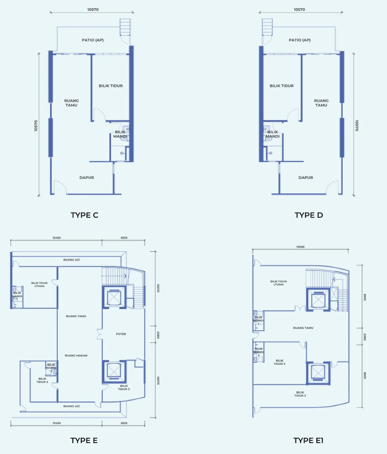 The Pier floor plans for Types C, D, E and E1, the four one-off homes in Tower B, Penang World City, Bayan Lepas, Penang