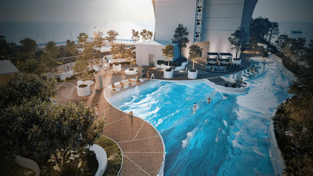 The Pier wave pool on the podium deck — artist's impression from the developer, Penang World City