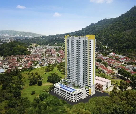 The Retreat Condominium 27-storey tower with its podium deck and the terrace houses beside it, aerial artist's impression, Bukit Mertajam, Penang