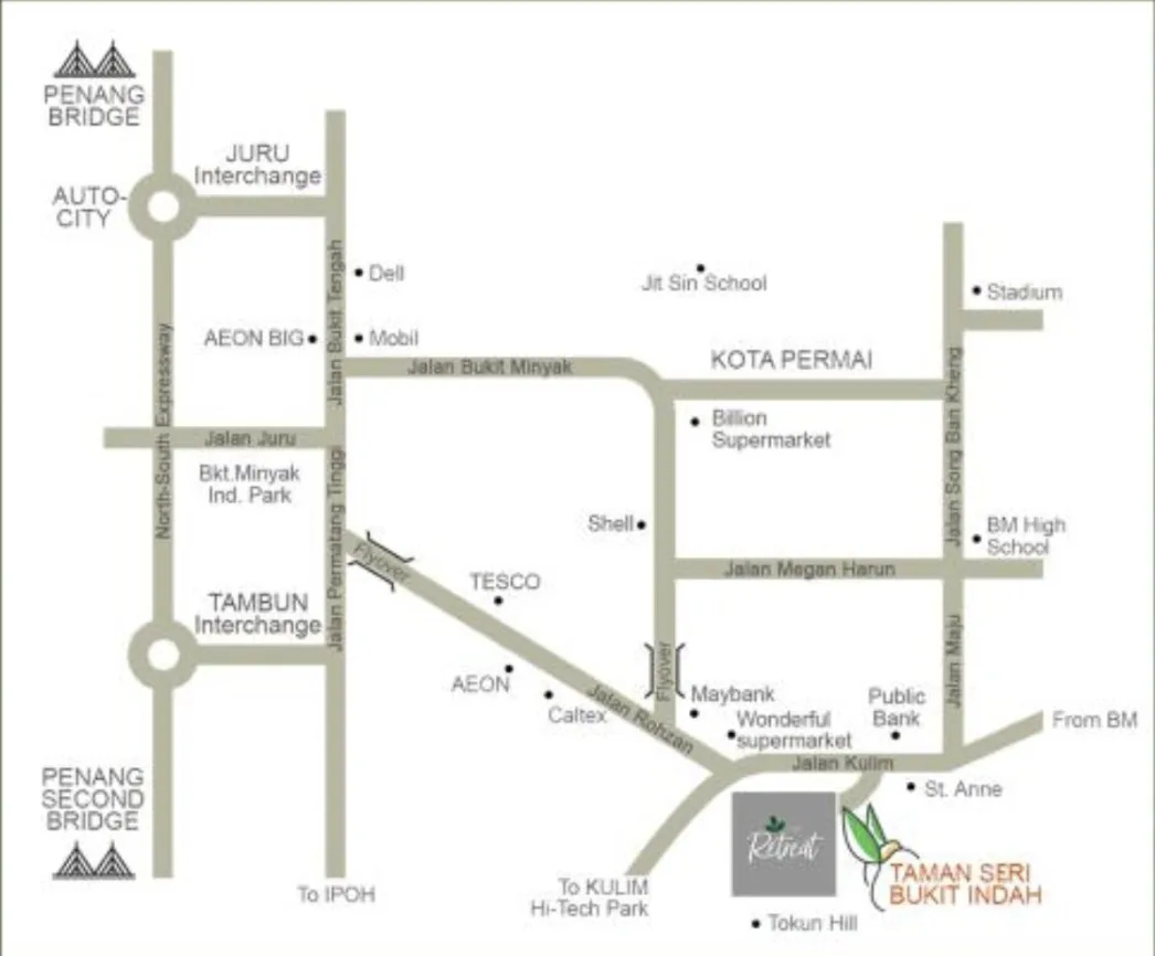 Location map showing The Retreat and Taman Seri Bukit Indah off Jalan Kulim, Bukit Mertajam, Penang