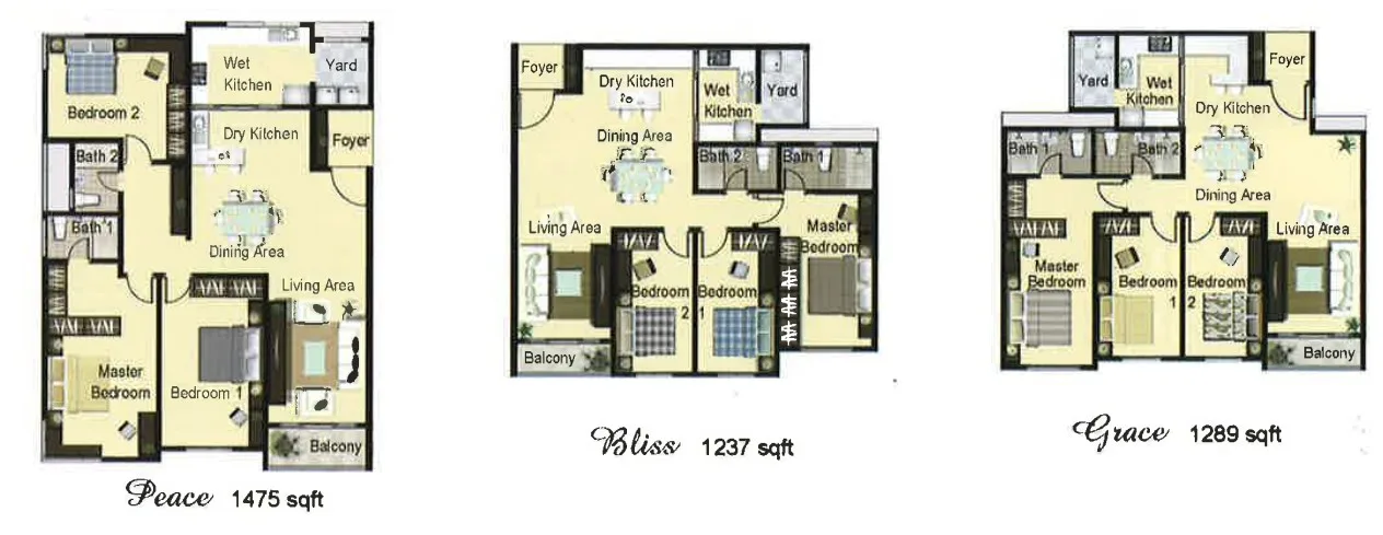 The Retreat Condominium unit layouts for Peace 1,475 sq ft, Bliss 1,237 sq ft and Grace 1,289 sq ft, Bukit Mertajam, Penang