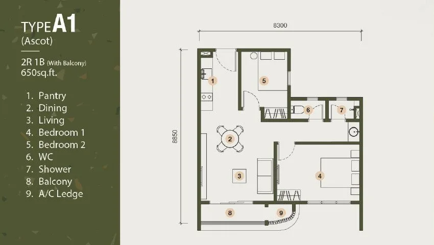 Type A1 (Ascot) floor plan, 650 sq ft, 2 bedrooms 1 bathroom with balcony off the living area, The Stallionz, Ipoh