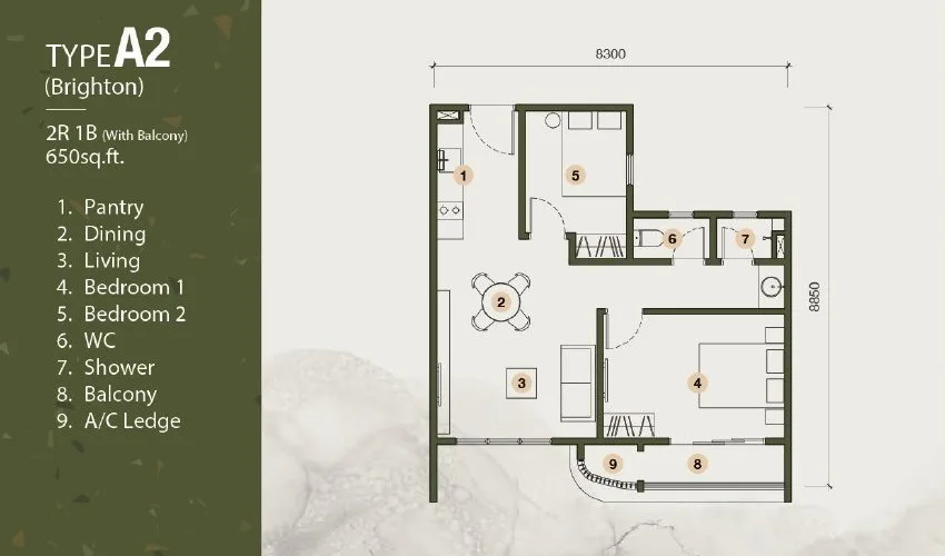 Type A2 (Brighton) floor plan, 650 sq ft, 2 bedrooms 1 bathroom with balcony off bedroom 1, The Stallionz, Ipoh