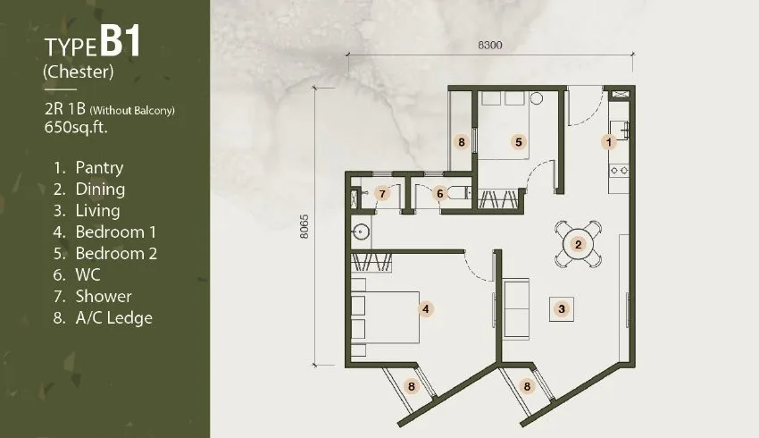 Type B1 (Chester) floor plan, 650 sq ft, 2 bedrooms 1 bathroom without balcony, The Stallionz, Ipoh