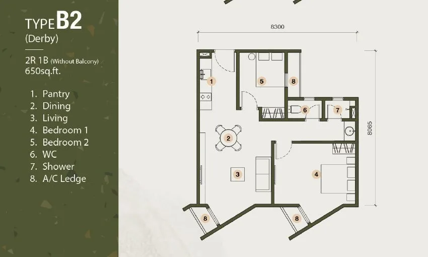 Type B2 (Derby) floor plan, 650 sq ft, 2 bedrooms 1 bathroom without balcony, The Stallionz, Ipoh