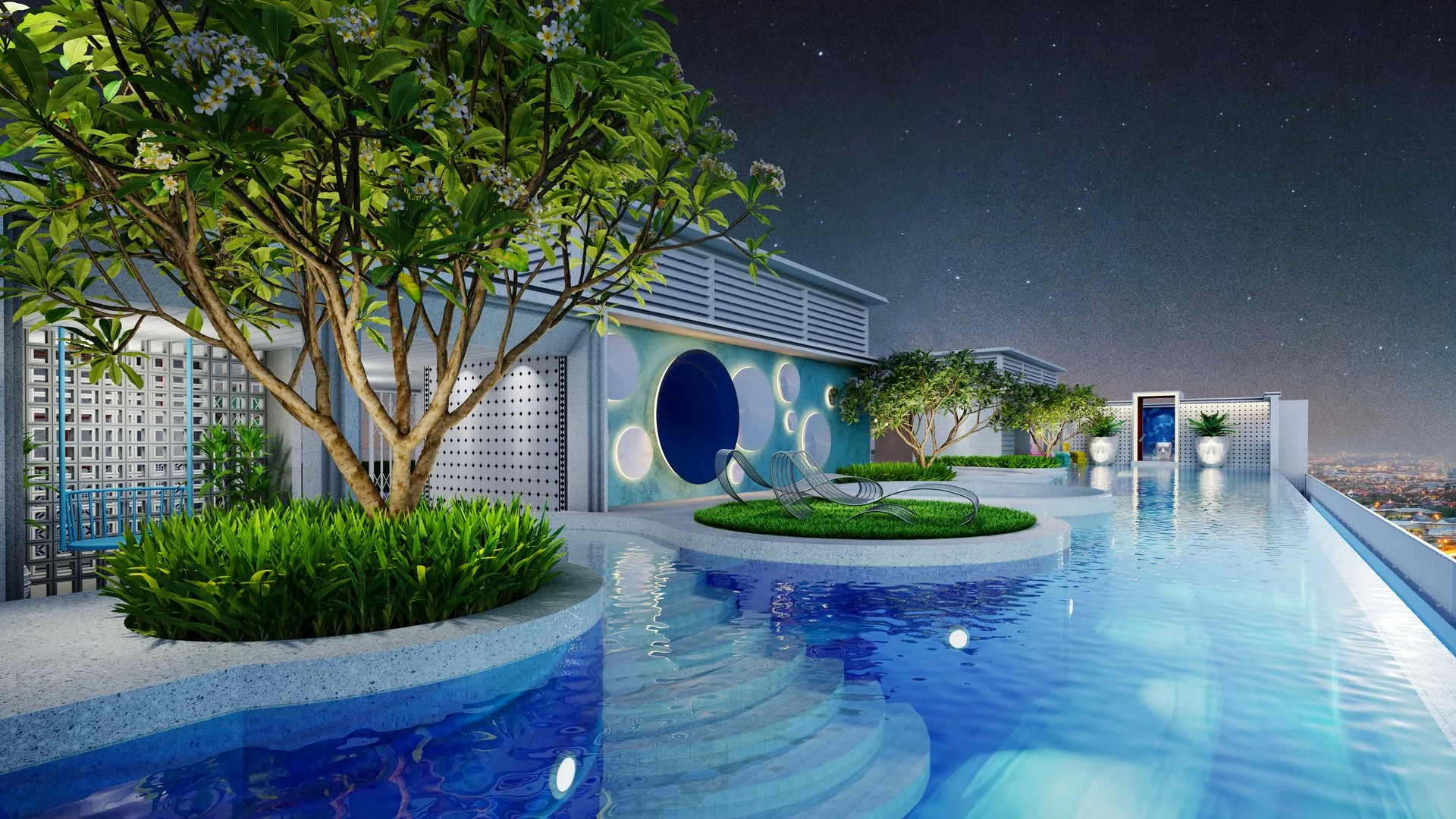 Blue Moonlight Pool at night, level 12 sky facilities, The Stallionz, Ipoh
