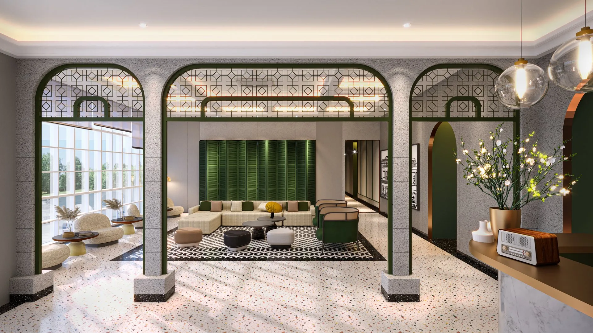 Queen's Hall ground-floor lobby lounge with arches and terrazzo, The Stallionz, Ipoh