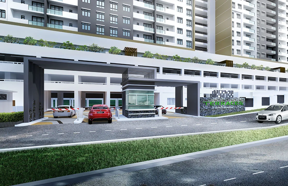 The Terraces Condominium entrance, guardhouse and car park podium, artist's impression by IJM Land, Bukit Jambul, Penang