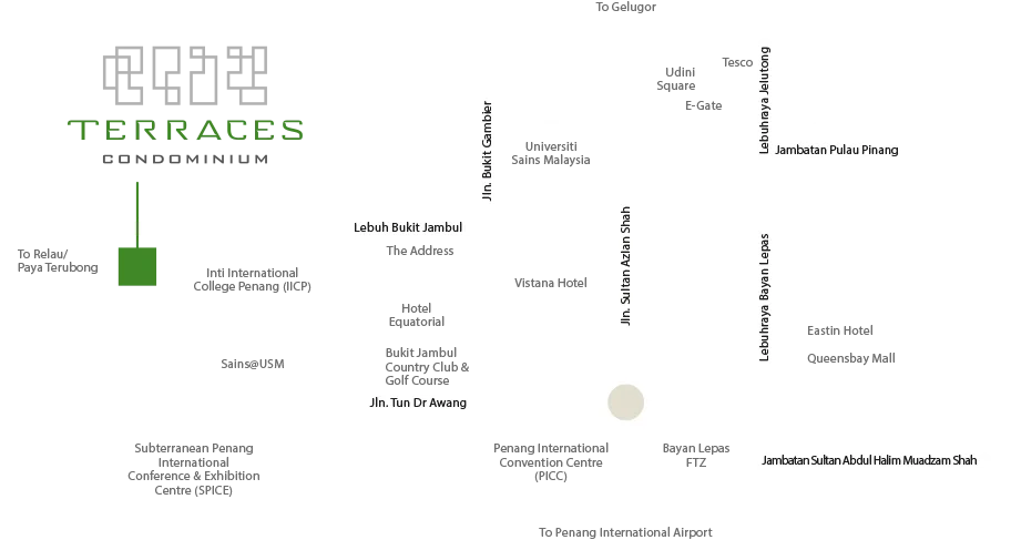 The Terraces Condominium location map published by IJM Land, showing Lebuh Bukit Jambul and the roads to Bayan Lepas, Penang