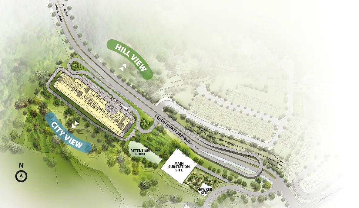 The Terraces Condominium master plan published by IJM Land, marking the hill-view and city-view sides, Bukit Jambul, Penang