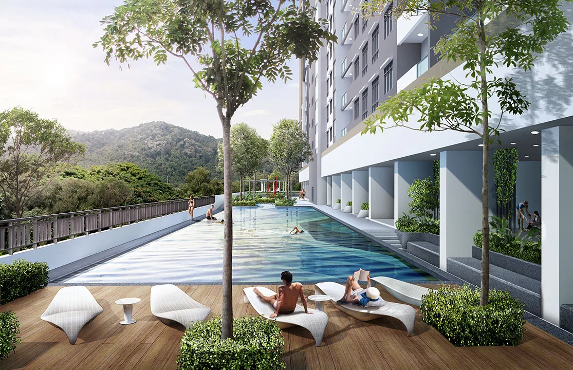 The Terraces Condominium swimming pool on the facilities deck, artist's impression by IJM Land, Bukit Jambul, Penang