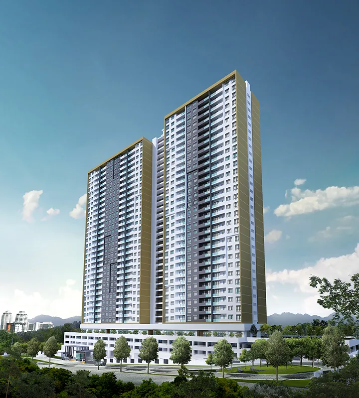 The Terraces Condominium 34-storey block above its car park podium, artist's impression by IJM Land, Bukit Jambul, Penang