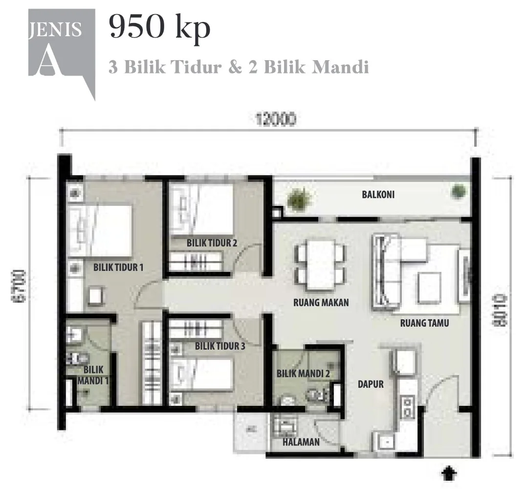 The Terraces Condominium Type A floor plan, 950 sq ft with three bedrooms and two bathrooms, from the developer's advertisement filed with the government register, Bukit Jambul, Penang