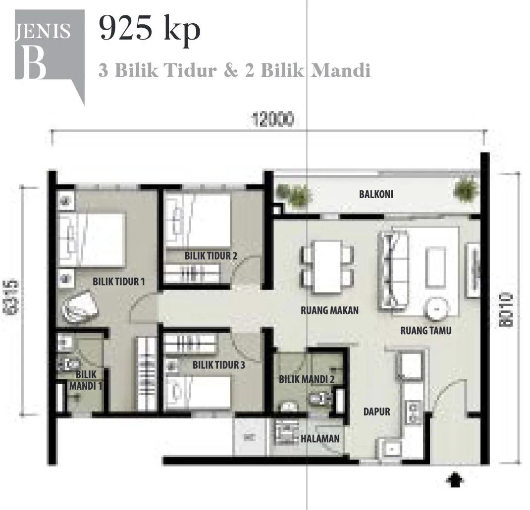 The Terraces Condominium Type B floor plan, 925 sq ft with three bedrooms and two bathrooms, from the developer's advertisement filed with the government register, Bukit Jambul, Penang