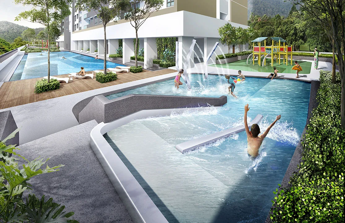 The Terraces Condominium wading pool and children's playground on the facilities deck, artist's impression by IJM Land, Bukit Jambul, Penang