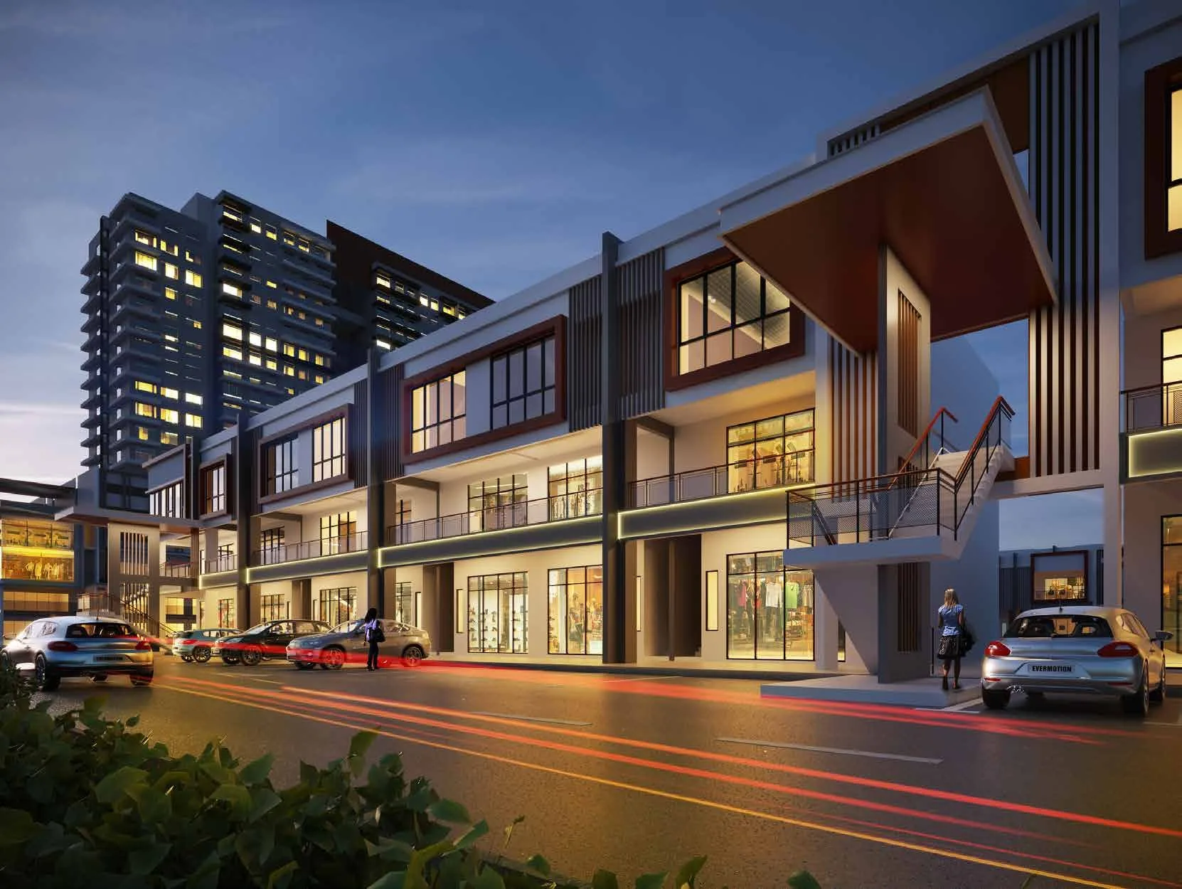Artist’s impression of the shop row at The Weld East at dusk, with the outside staircase to the upper floor, from the developer’s brochure at The Weld East Business Grant, Tawau, Sabah