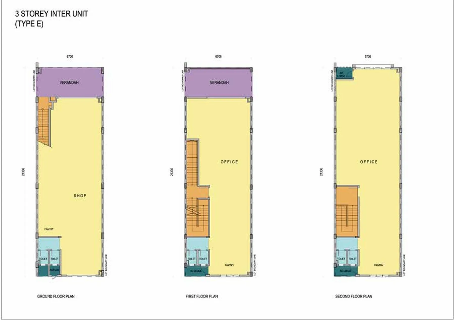 The Weld East Type E three-storey intermediate shop floor plan, ground, first and second floor at The Weld East Business Grant, Tawau, Sabah