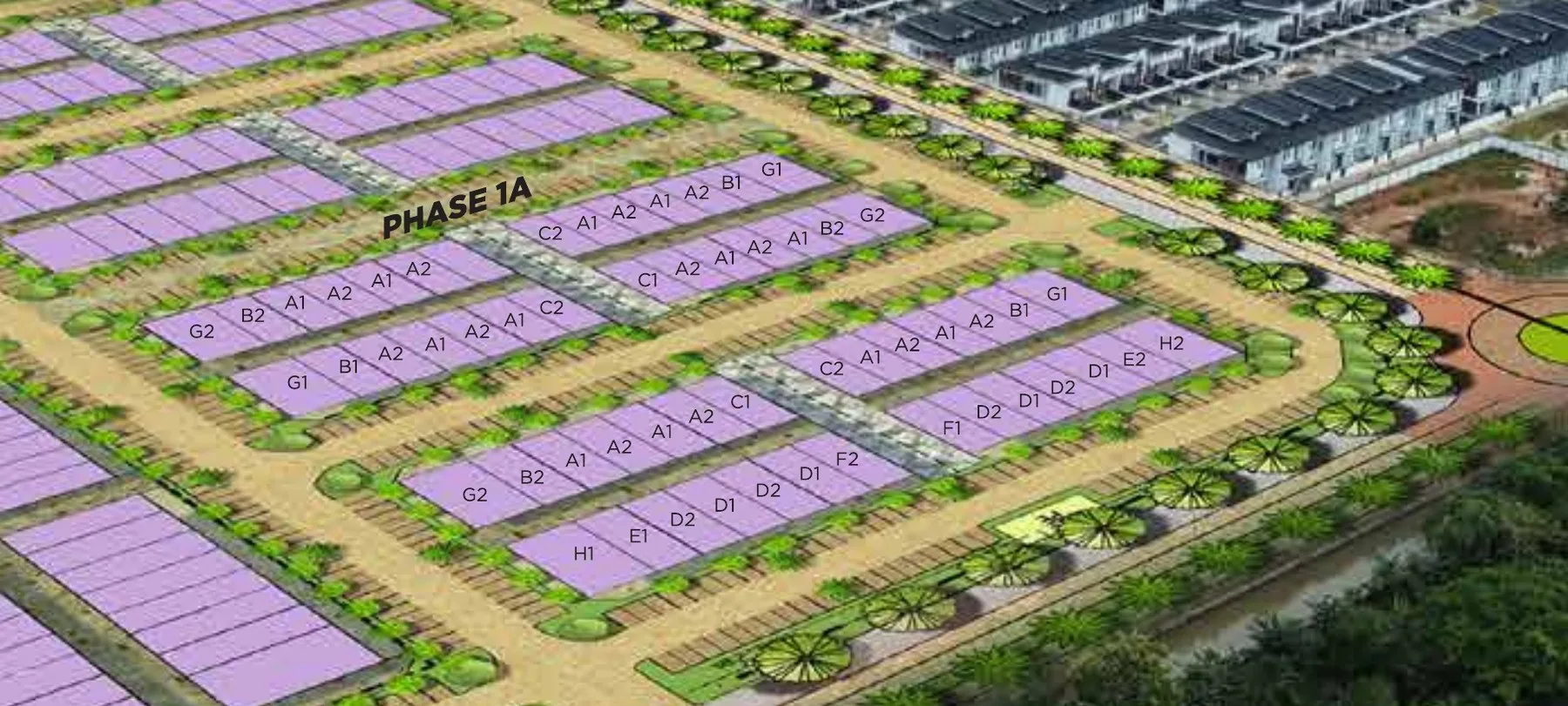 The Weld East Phase 1A site plan with unit type codes A1 to H2 at The Weld East Business Grant, Tawau, Sabah