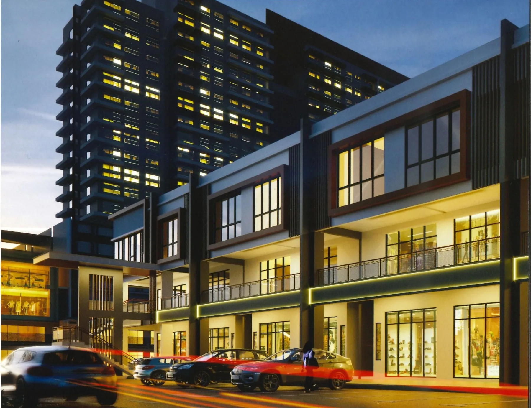 Artist’s impression of the two-storey shopfronts, with a tower drawn behind them, from the developer’s brochure at The Weld East Business Grant, Tawau, Sabah