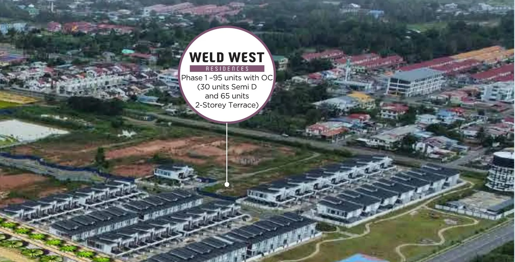 Aerial photo of Weld West Residences Phase 1 next to the shop precinct, labelled 95 units with OC, from the developer’s brochure at The Weld East Business Grant, Tawau, Sabah