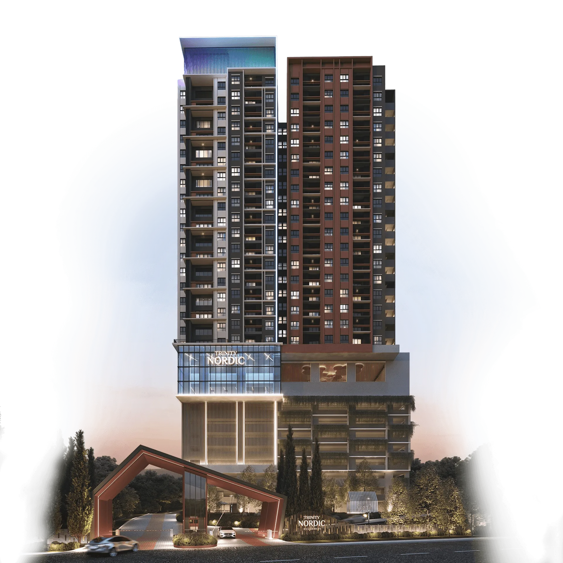 Night facade render at Trinity Nordic by Olympic Builders, Taman Bukit Serdang, Petaling, Seri Kembangan, Selangor