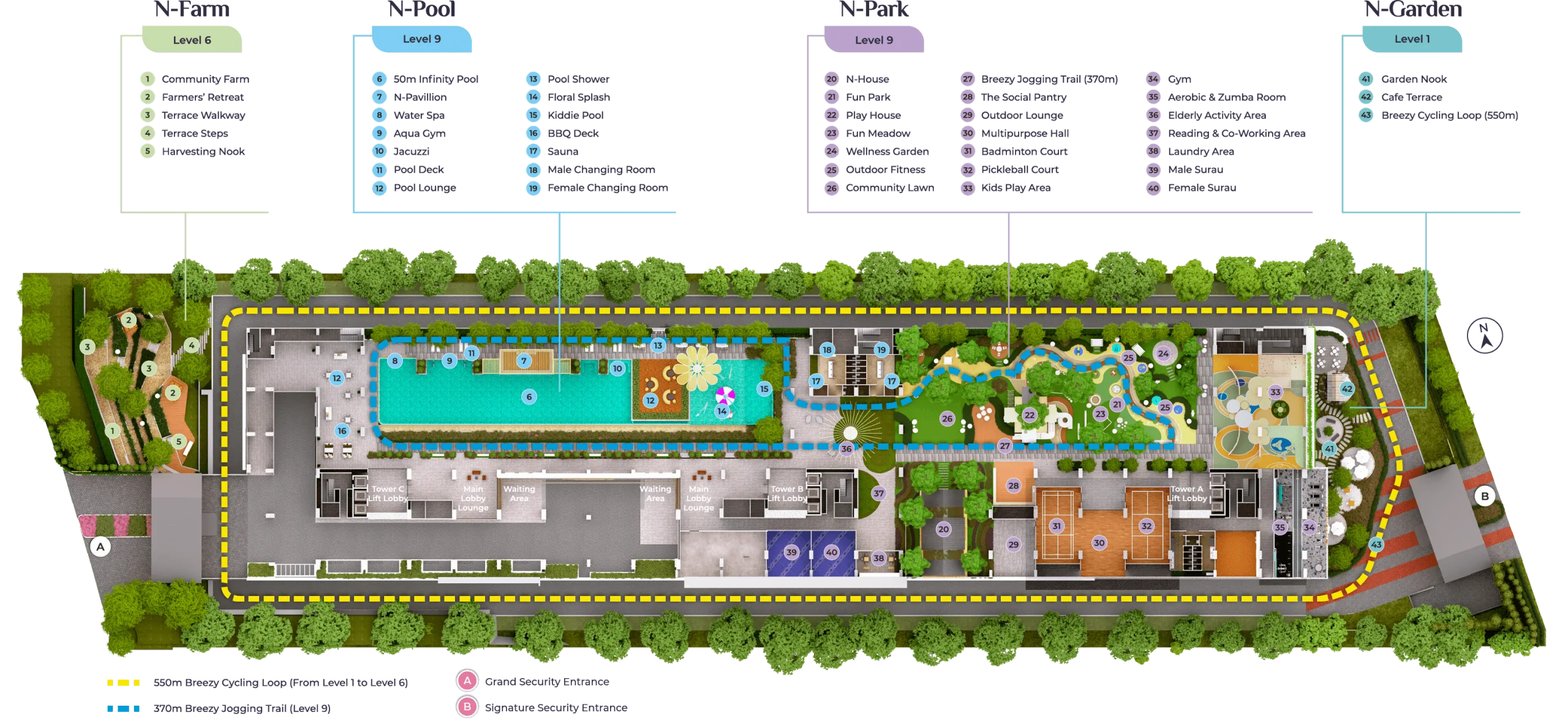 Facilities site plan graphic at Trinity Nordic by Olympic Builders, Taman Bukit Serdang, Petaling, Seri Kembangan, Selangor