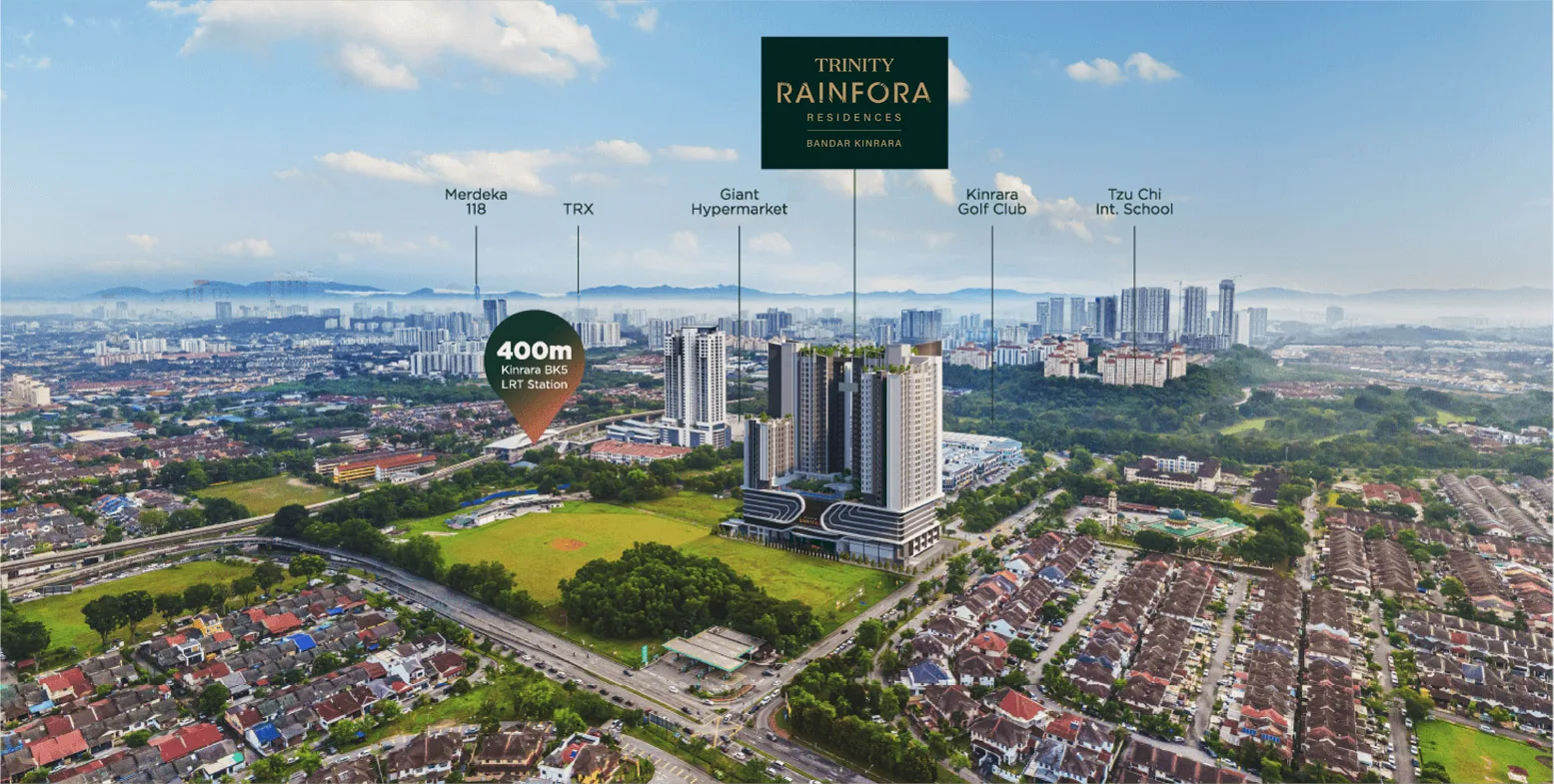Aerial view render at Trinity Rainfora by Darul Dinasti Sdn Bhd, Bandar Kinrara 5, Petaling, Puchong, Selangor