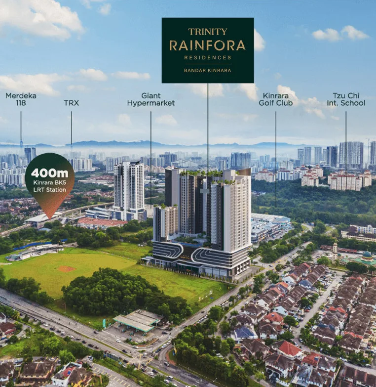 Aerial view render, smaller crop, at Trinity Rainfora by Darul Dinasti Sdn Bhd, Bandar Kinrara 5, Petaling, Puchong, Selangor