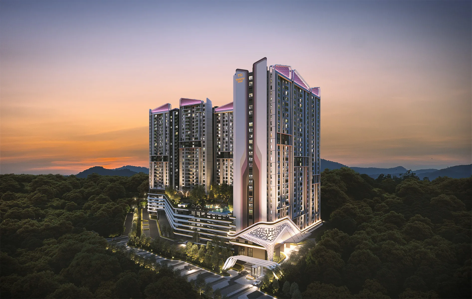 Tower facade render at Trinity Rainfora by Darul Dinasti Sdn Bhd, Bandar Kinrara 5, Petaling, Puchong, Selangor