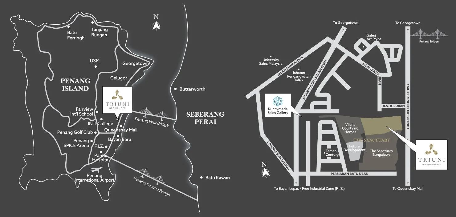 Triuni Residences location maps — Penang Island overview and the streets around The Sanctuary, Batu Uban, Penang