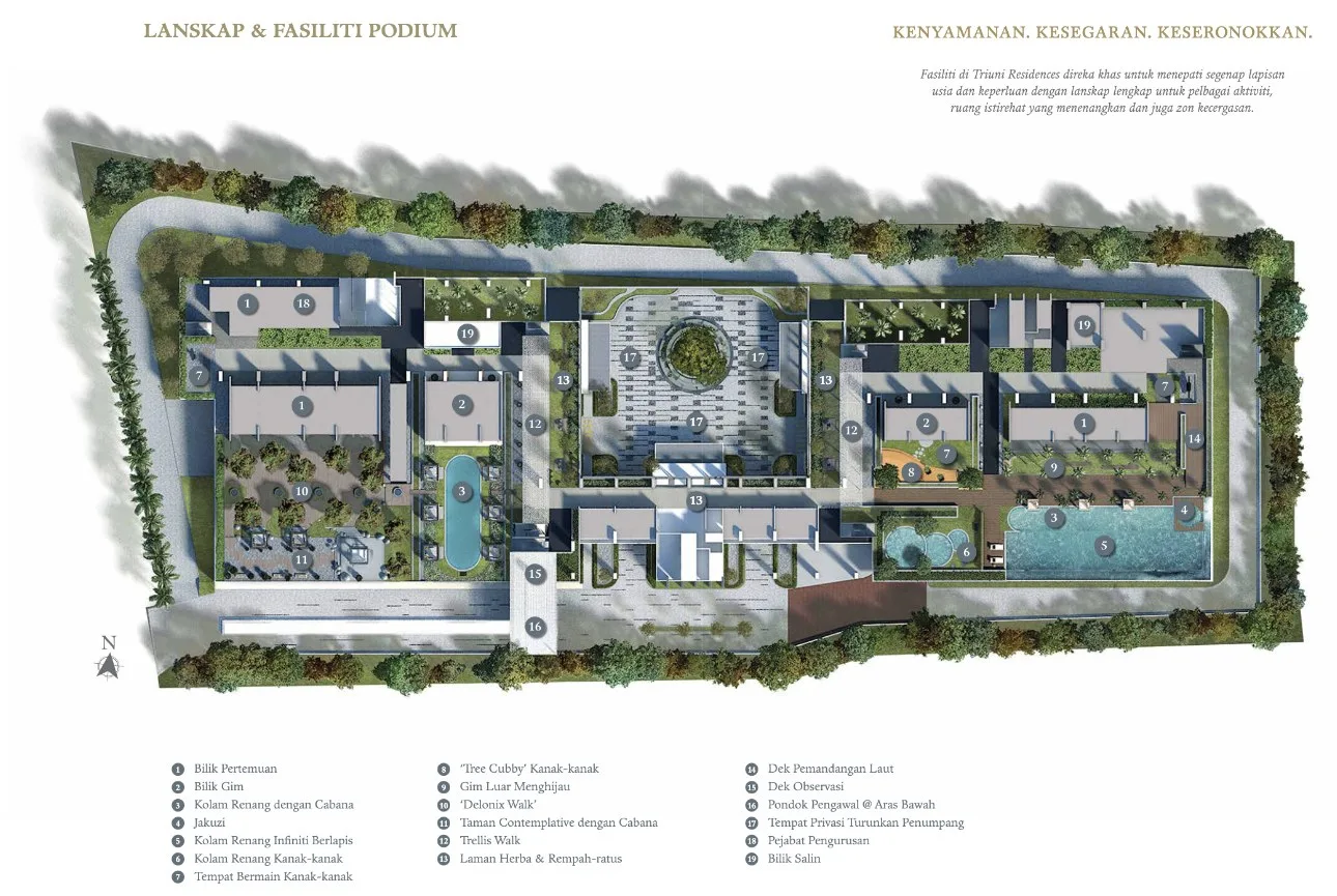 Triuni Residences podium landscape and facilities plan with a 19-item key, Batu Uban, Penang