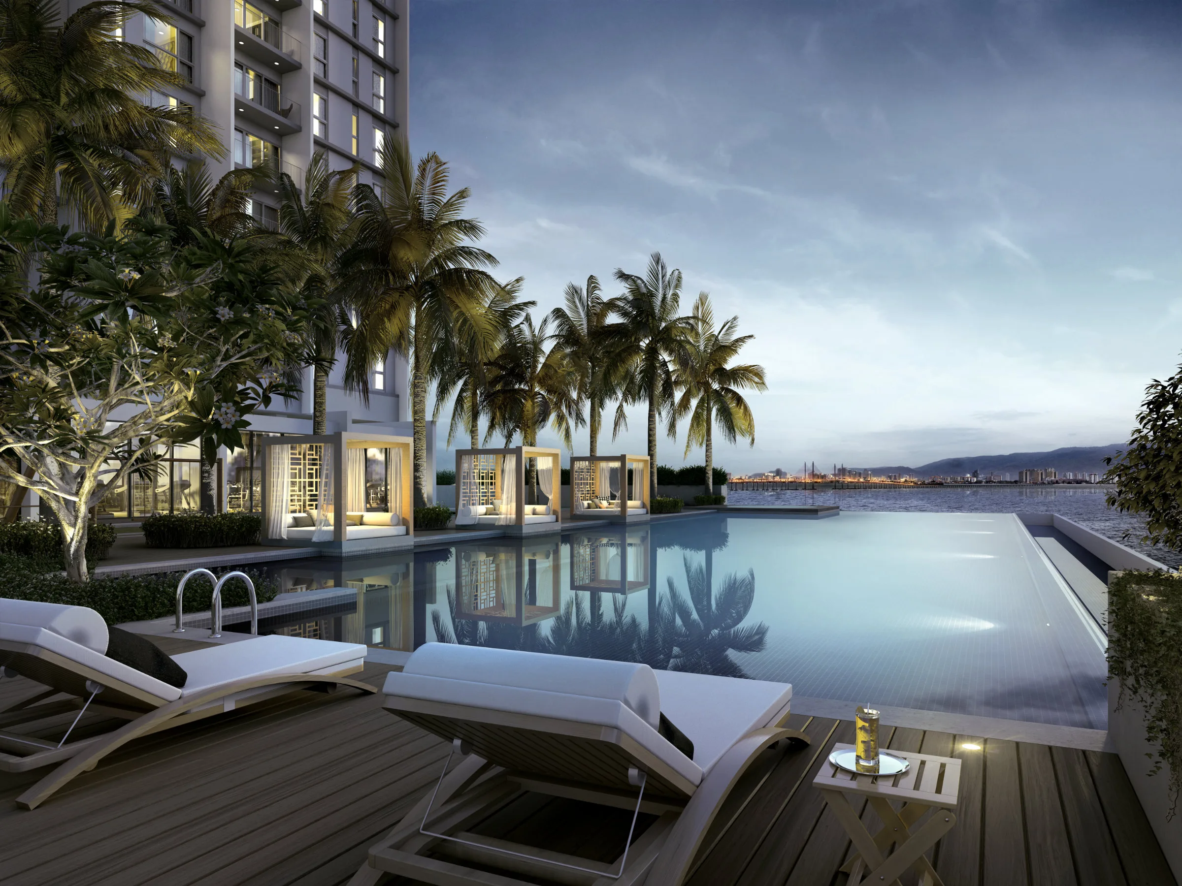 Triuni Residences swimming pool with the tower behind — artist's impression from the developer, Batu Uban, Penang